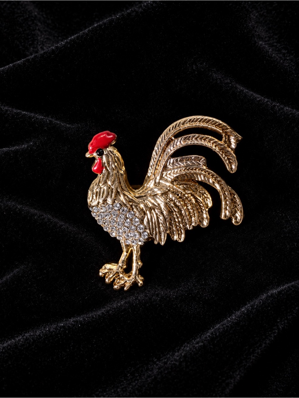 Gold Rooster Brooch with Red Accents and Clear Crystals